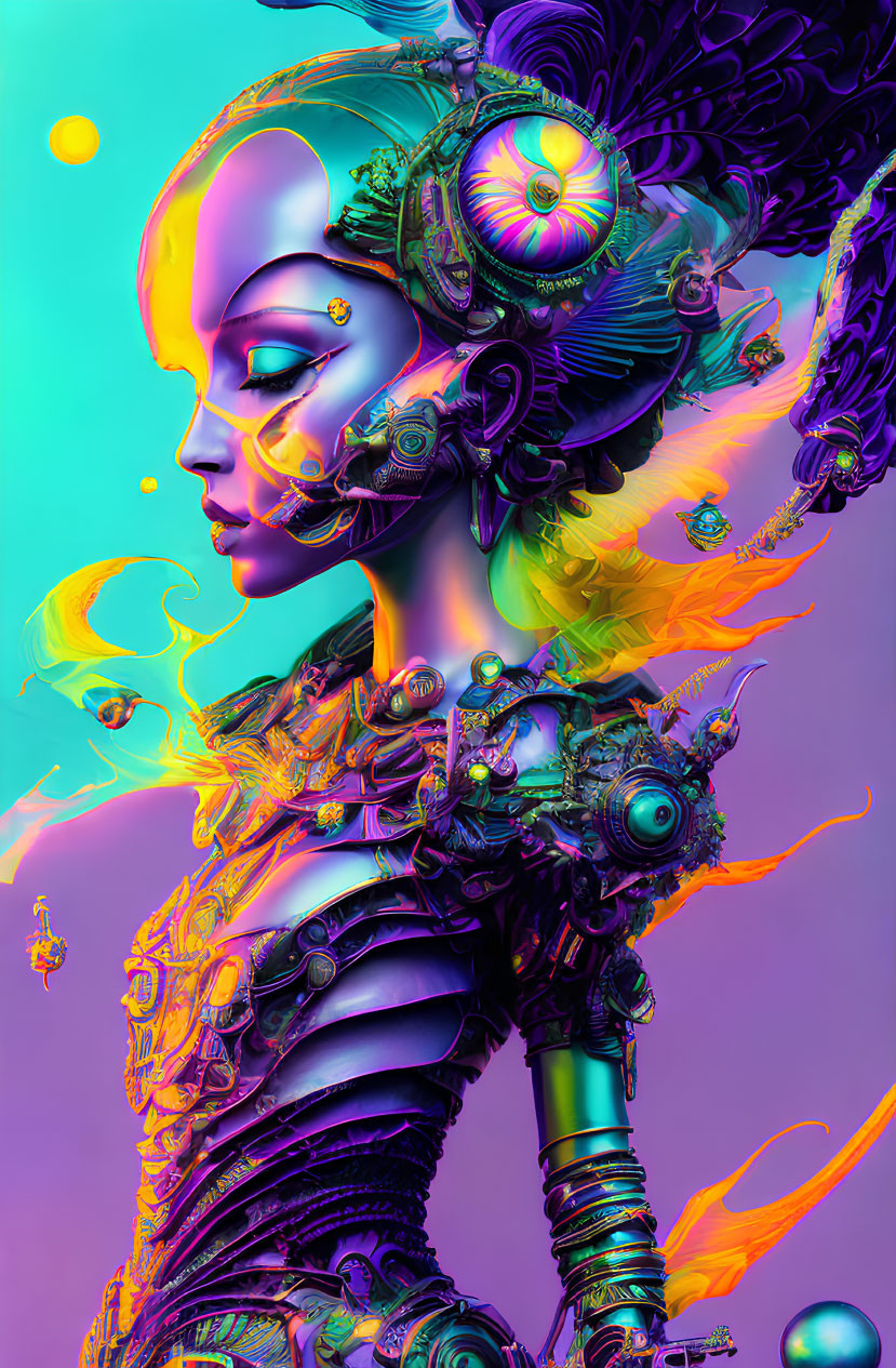 Vibrant futuristic cyborg woman in colorful digital art