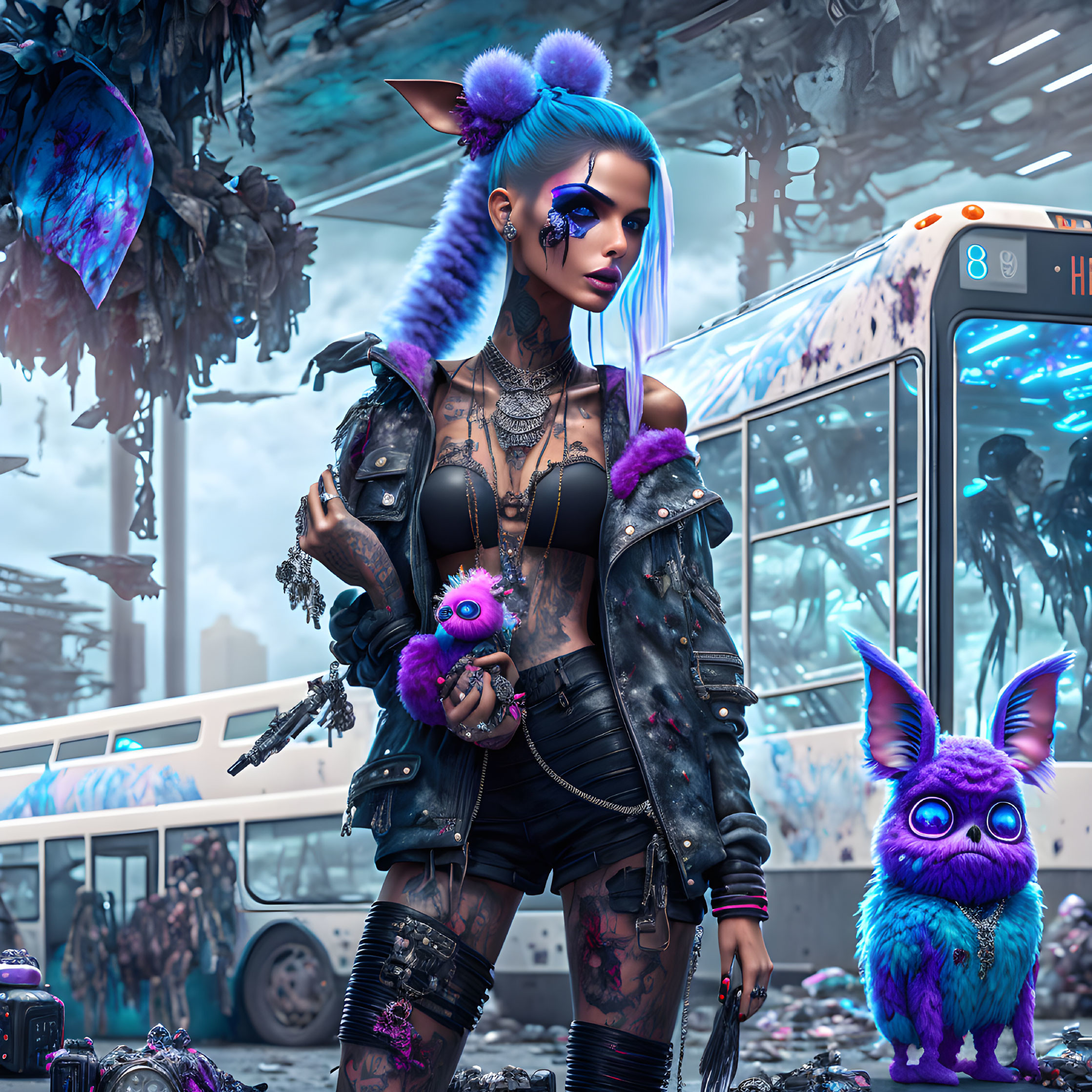 Futuristic cyberpunk woman with blue hair and tattoos in dystopian setting