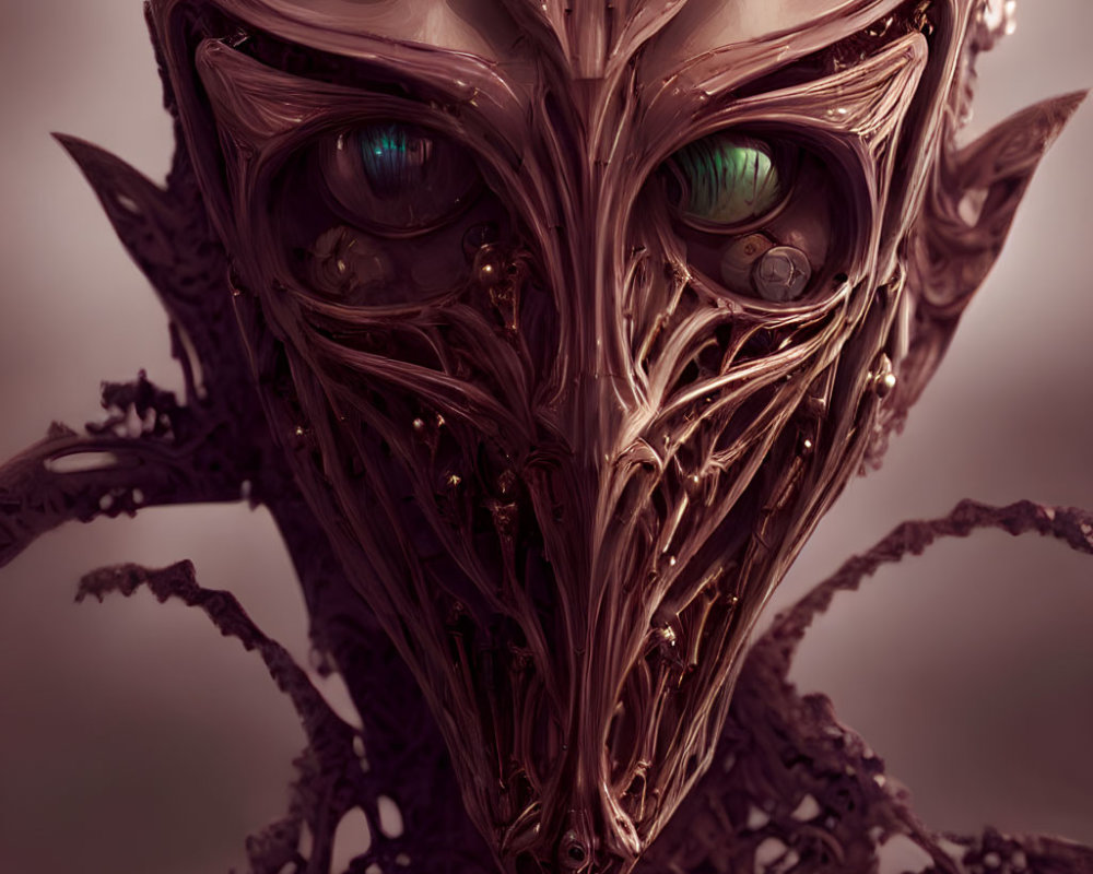 Detailed Close-Up of Surreal Biomechanical Entity with Vibrant Green Eyes