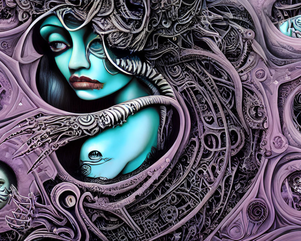 Surreal digital artwork of woman's face with intricate patterns and mechanical elements