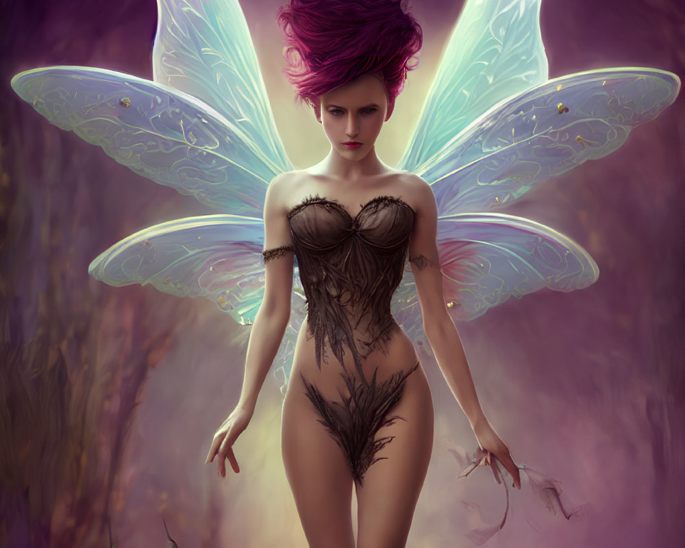 Vibrant female fairy with translucent wings in mystical forest