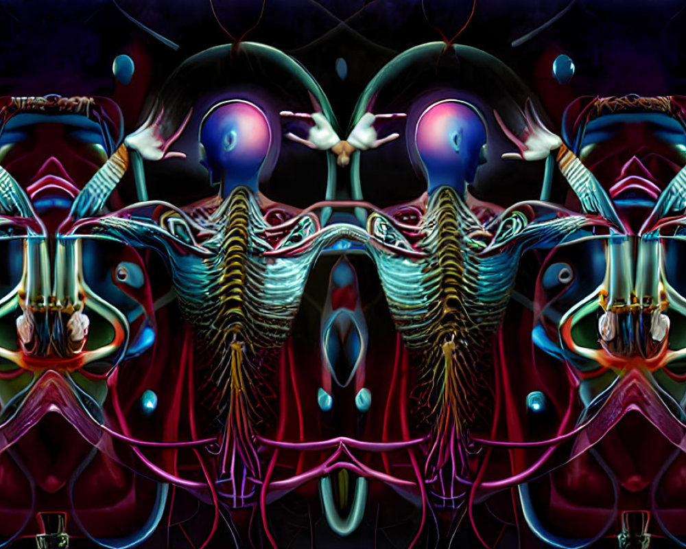 Symmetrical fractal image with vibrant blue, purple, and red hues depicting abstract biomechanical shapes