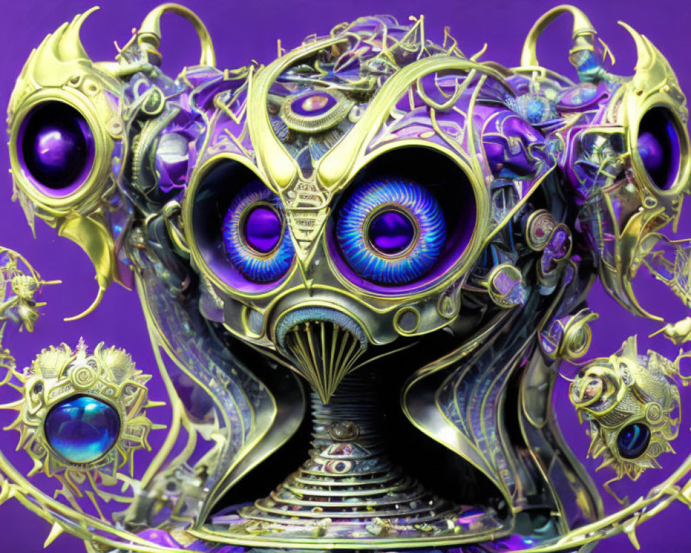 Biomechanical creature with purple eyes on purple background