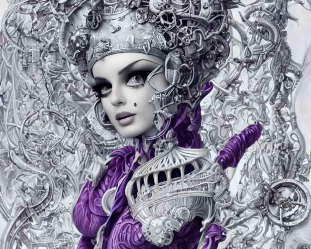 Digital artwork featuring female figure in metallic headpiece, intricate jewelry, purple ruffled attire, against mon