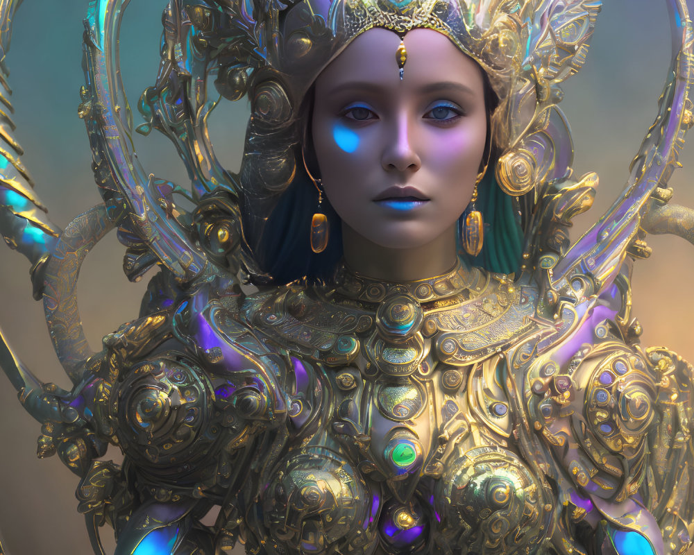 Digital Artwork: Woman in Ornate Gold Armor and Headdress