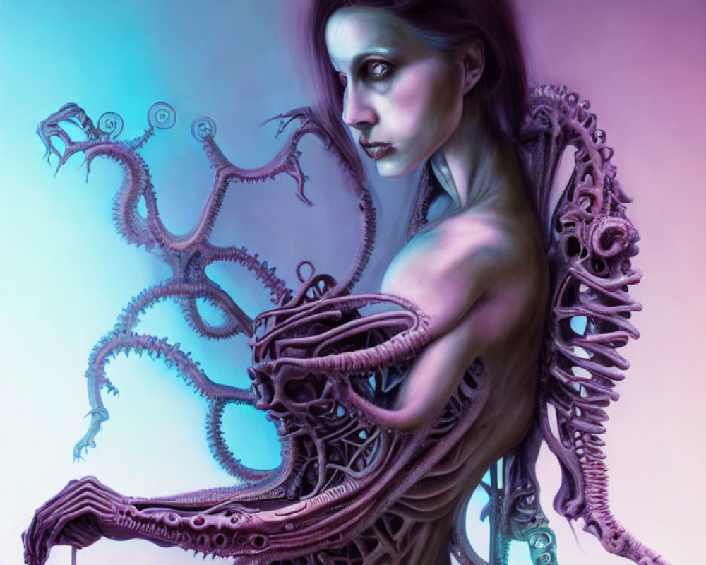 Fantasy art of pale-skinned female with dark eyes and purple tentacle-like appendages