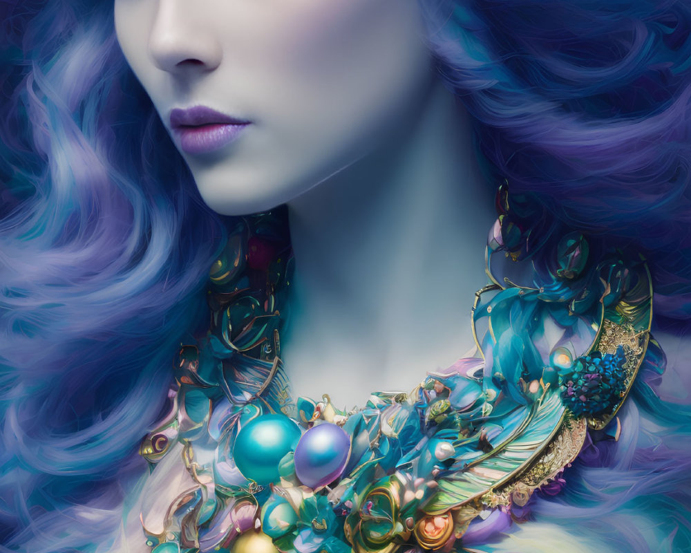 Vibrant Purple Hair Woman with Floral Crown and Statement Necklace