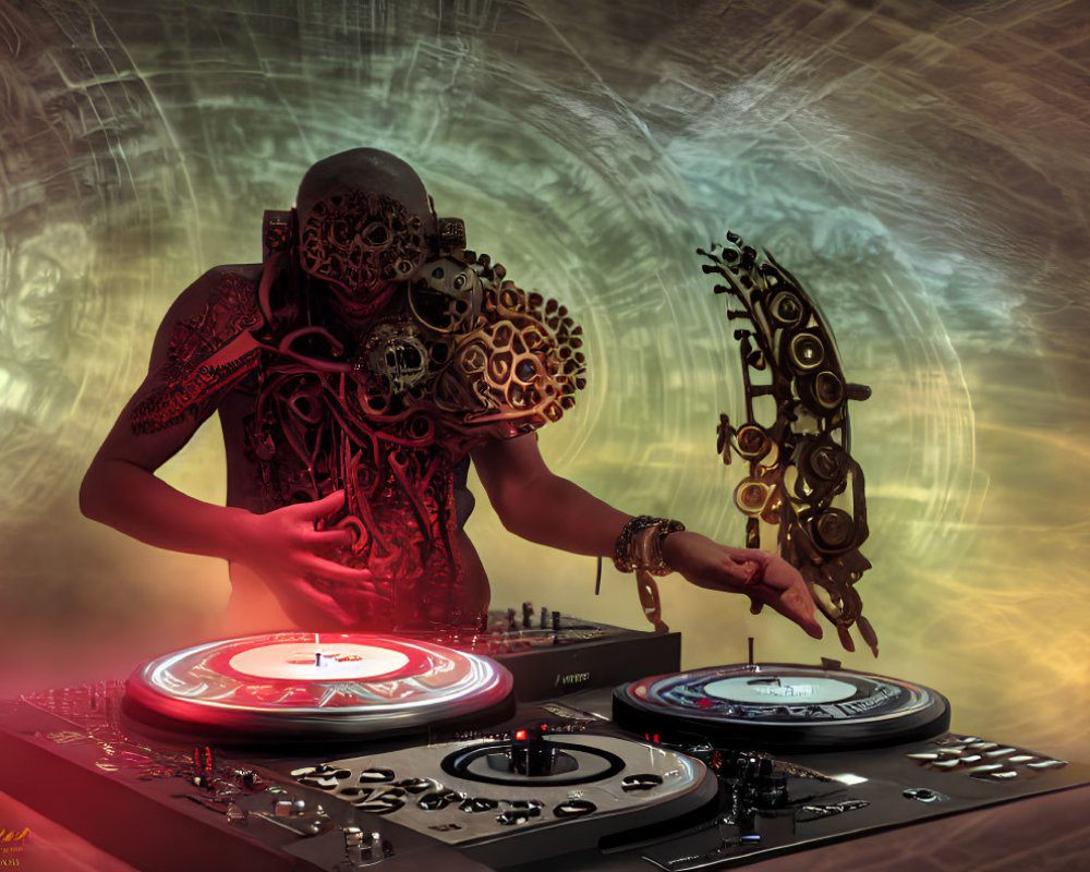 Steampunk-Inspired DJ Mixing on Turntable with Mechanical Cogs