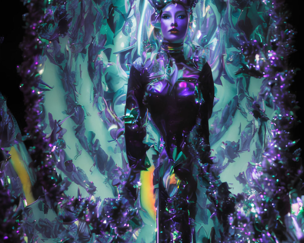 Regal figure in ornate armor amid luminous purple flora