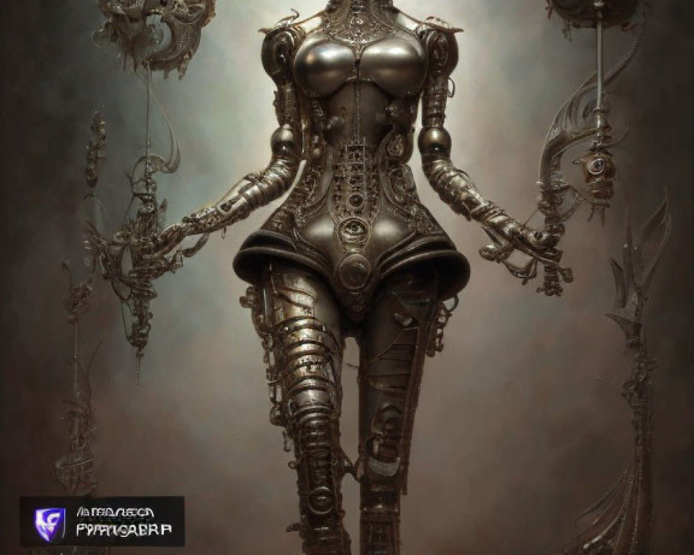 Futuristic female android with intricate metallic body design