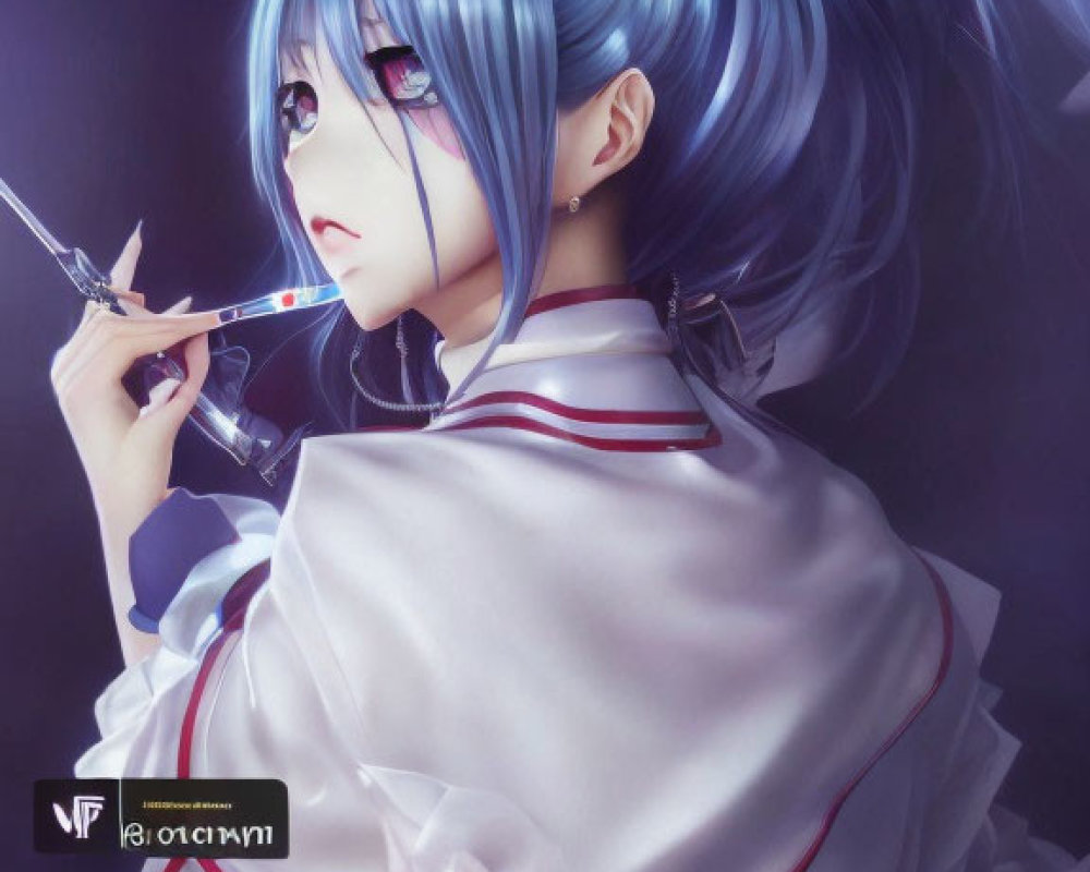 Blue-haired girl in school uniform with scissors, thoughtful expression