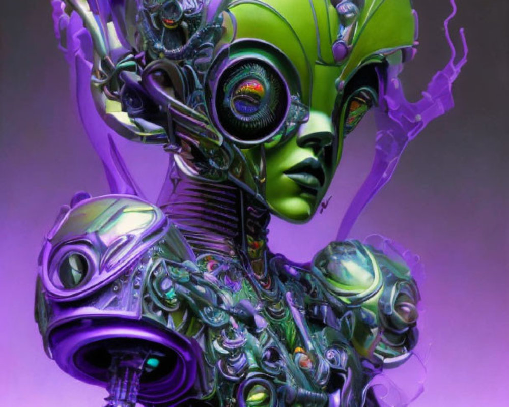 Detailed digital artwork of humanoid robot with purple and silver cybernetic design