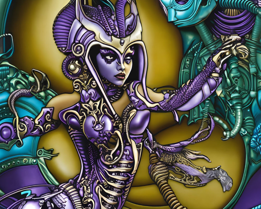 Colorful digital artwork: stylized female character in ornate armor and headdress with scepter on