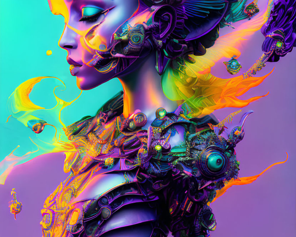 Vibrant futuristic cyborg woman in colorful digital art