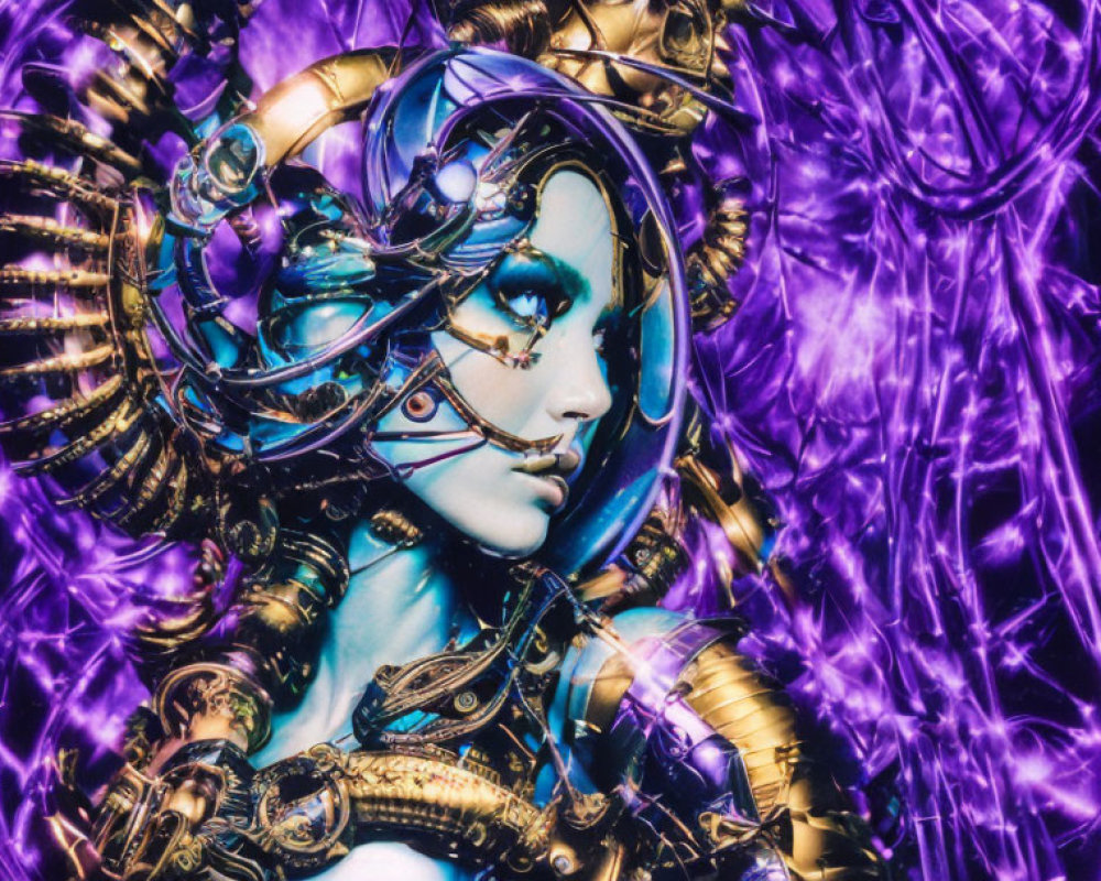 Futuristic portrait with mechanical headgear and vivid purple background