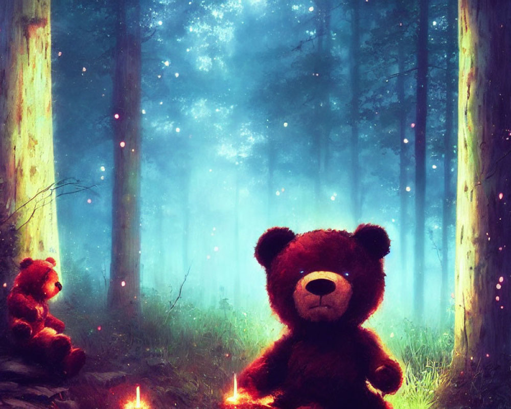 Mystical forest scene with two teddy bears and glowing lights