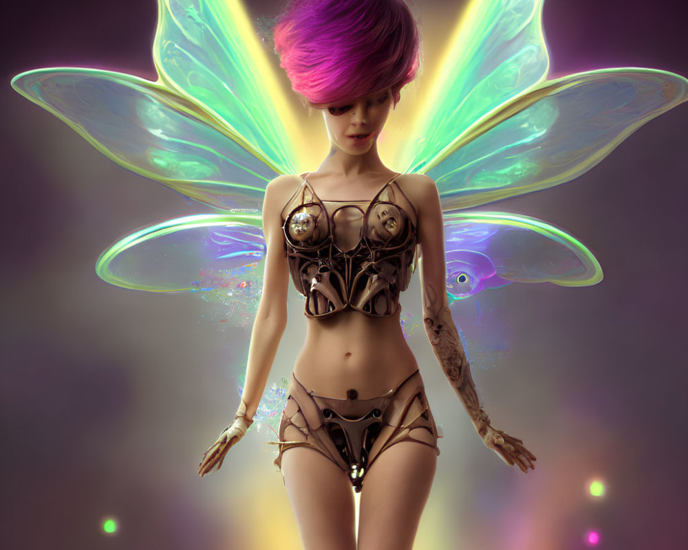 Winged humanoid creature with iridescent wings and metallic armor in dreamy setting