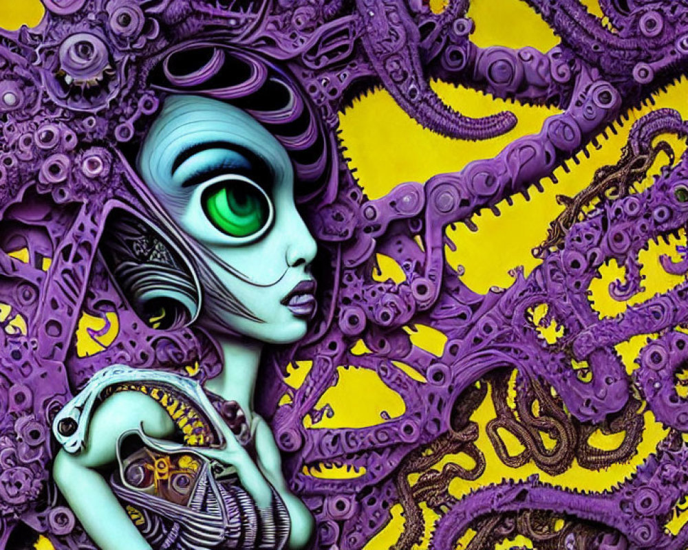 Colorful Stylized Female Figure with Green Eyes Surrounded by Mechanical Octopus Tentacles