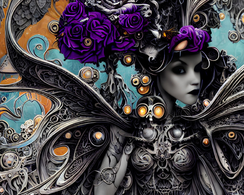 Surrealist digital artwork: Face portrait with metallic designs, purple roses, and steampunk swirl