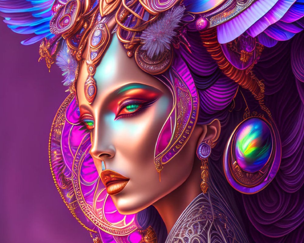 Colorful digital portrait of a woman with intricate headdress in purple and gold.