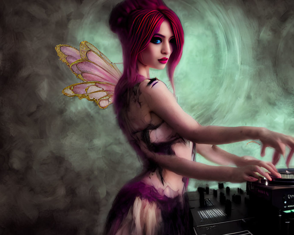 Colorful digital artwork: Fairy with pink hair and butterfly wings DJing on green backdrop