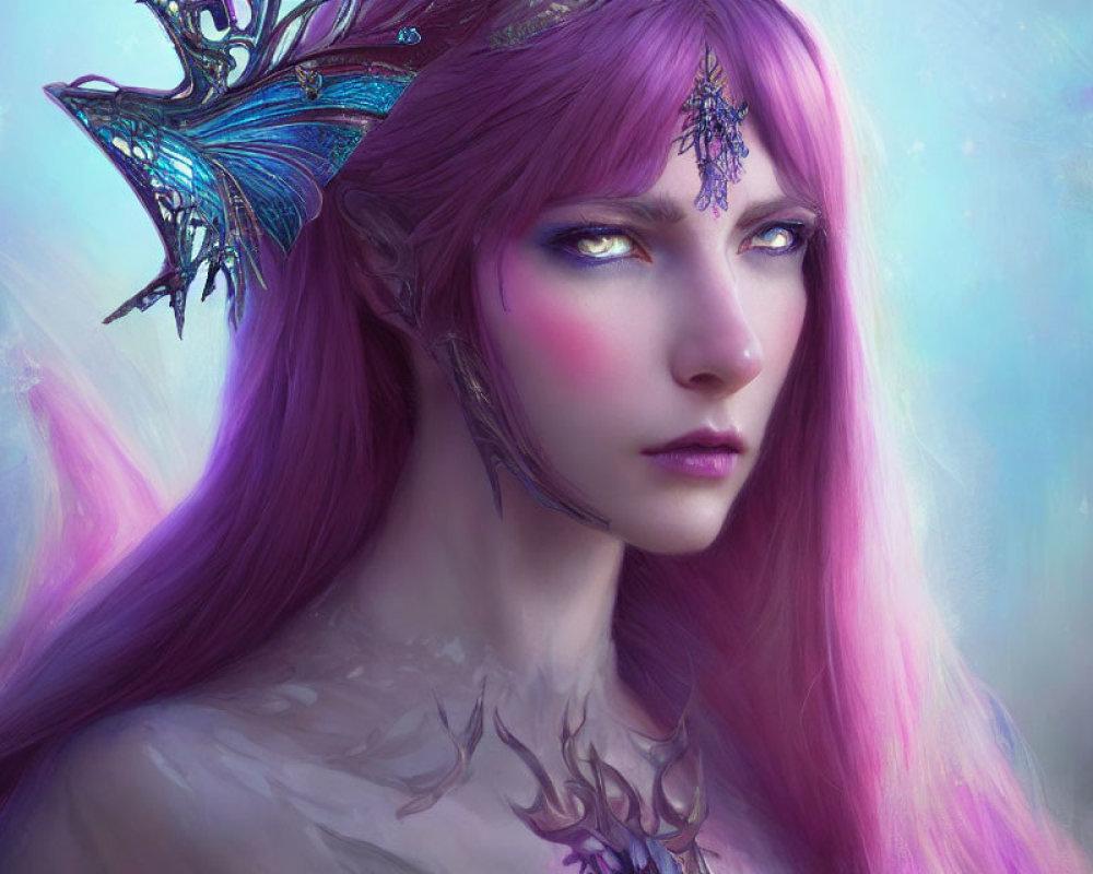 Pink-haired woman with pointed ears, butterfly, and mystical markings.