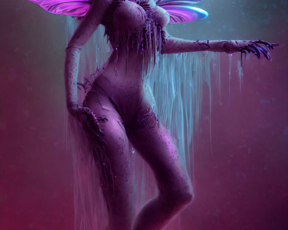 Fantasy creature with iridescent wings and lavender skin on magenta backdrop