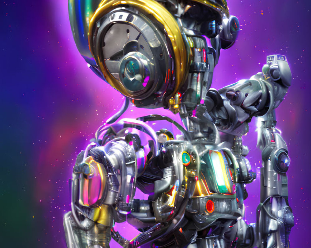 Intricate metallic futuristic robot on vibrant cosmic background