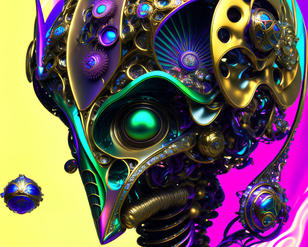 Colorful digital artwork of alien-like robotic head on psychedelic background