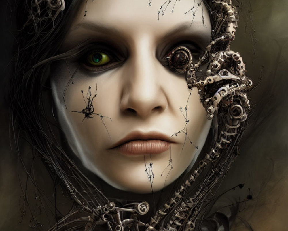 Female figure with mechanical parts and spider webs in digital artwork