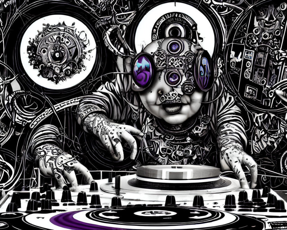 Monochrome Baby with DJ Equipment and Purple Headphones surrounded by Patterns