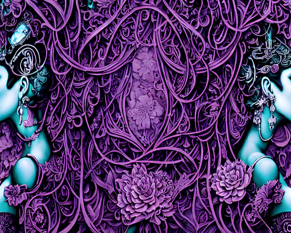 Symmetrical Stylized Female Figures with Ornate Headdresses on Purple Background