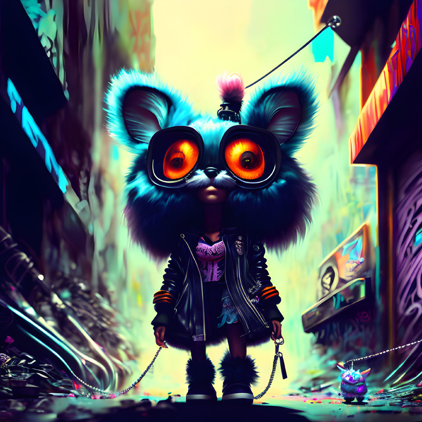 Anthropomorphic Creature in Black Jacket with Leash in Neon Alley