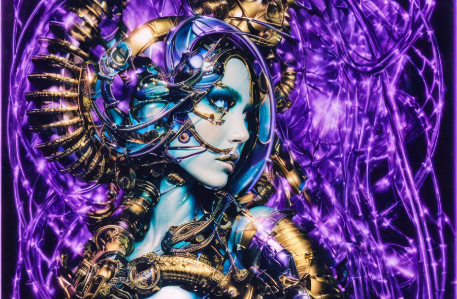 Futuristic portrait with mechanical headgear and vivid purple background