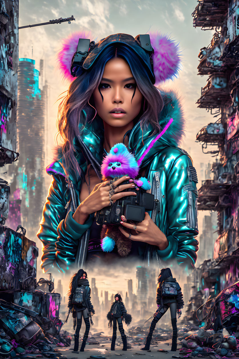 Blue-haired woman in turquoise jacket and cat ear headphones in dystopian scene with armed figures