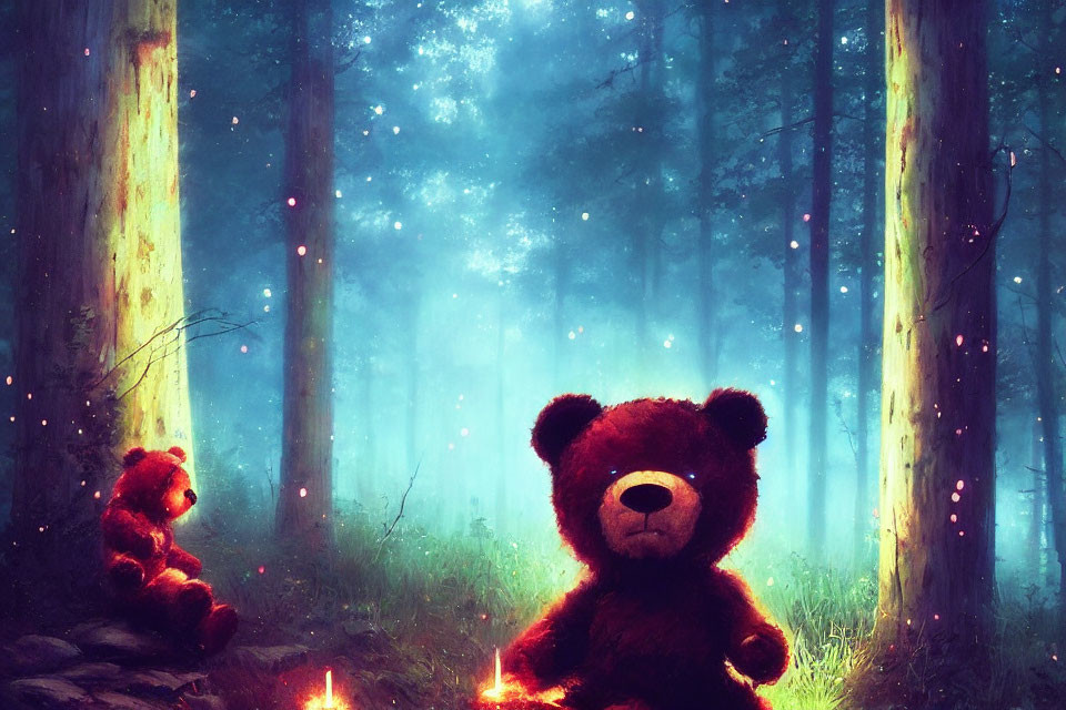 Mystical forest scene with two teddy bears and glowing lights