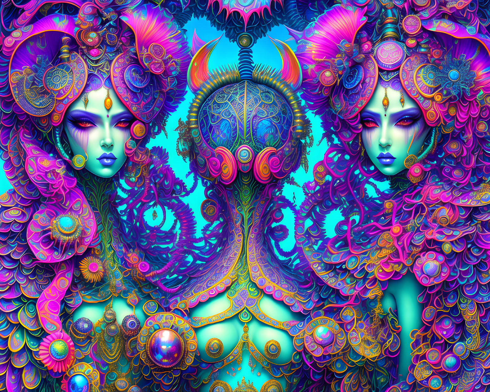 Symmetrical female figures in vibrant psychedelic artwork