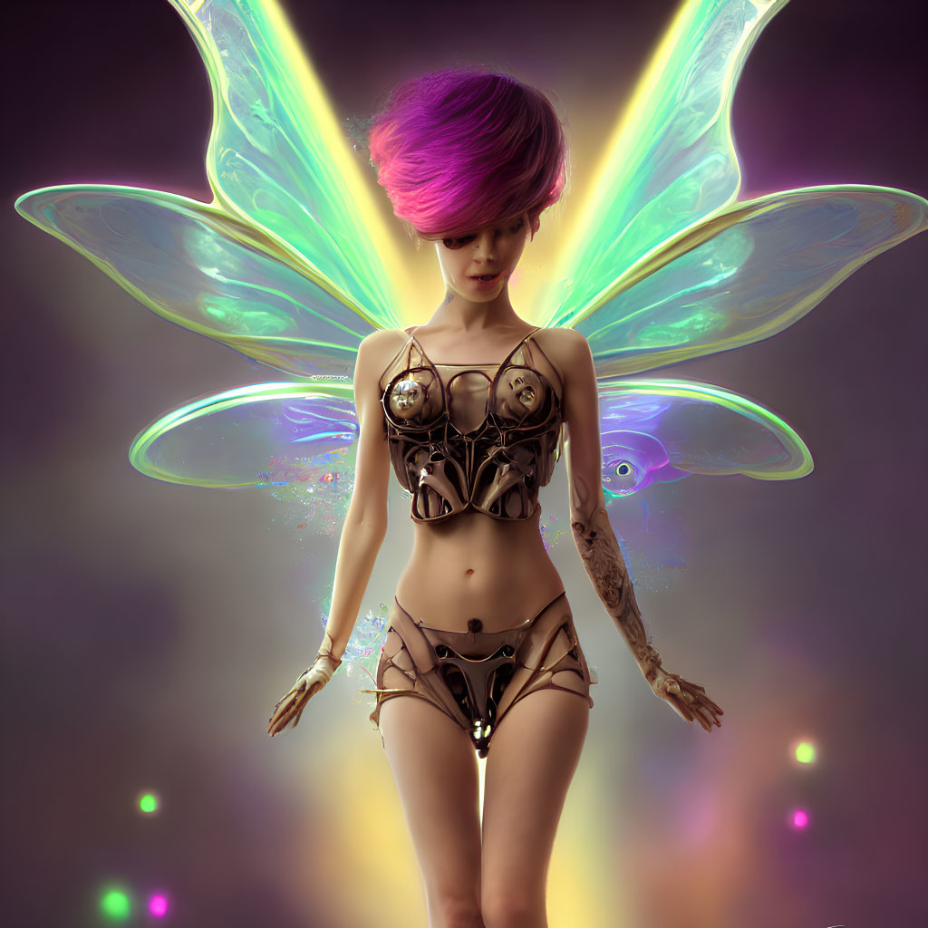 Winged humanoid creature with iridescent wings and metallic armor in dreamy setting