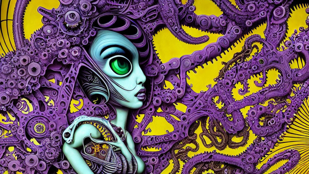Colorful Stylized Female Figure with Green Eyes Surrounded by Mechanical Octopus Tentacles