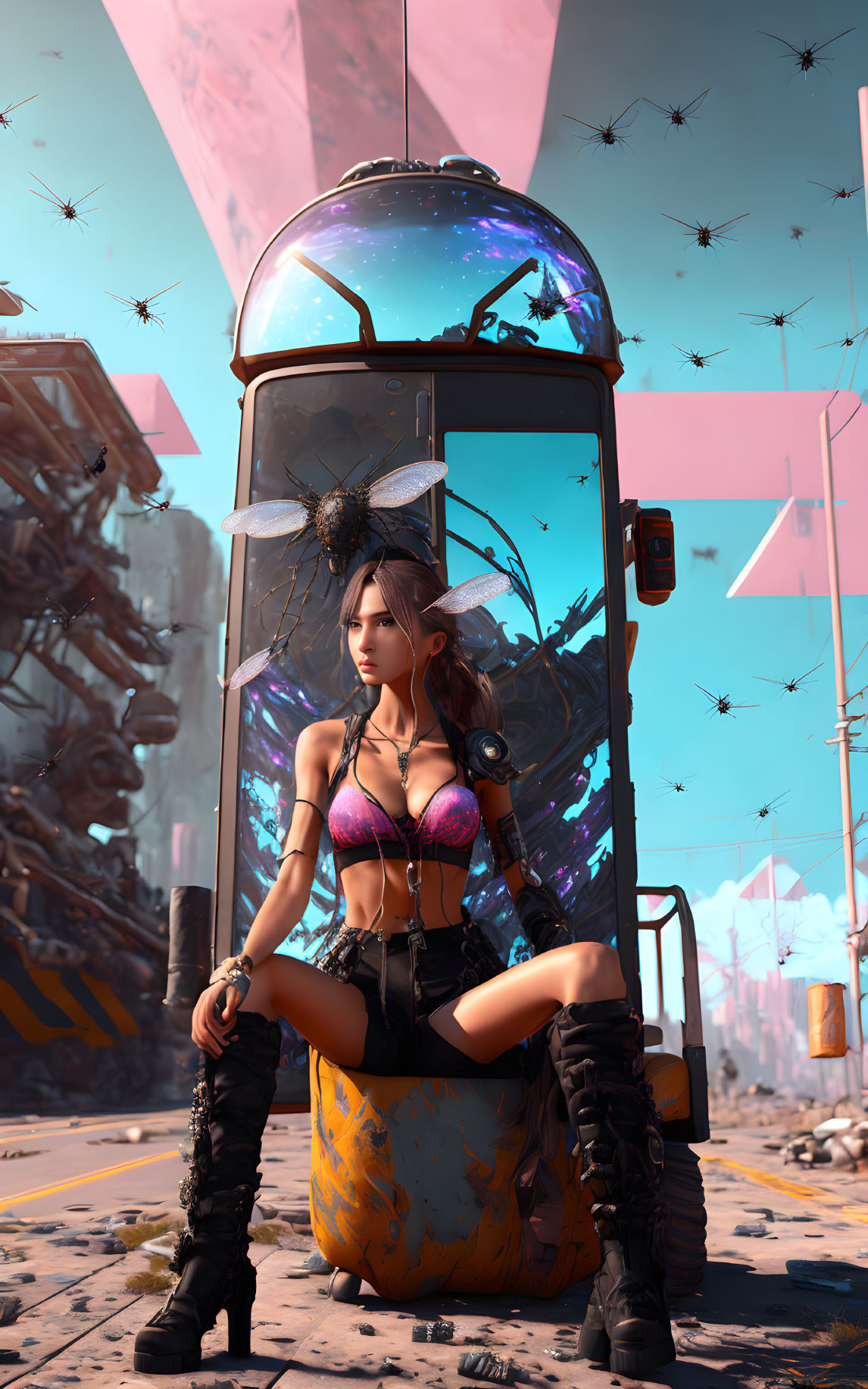 Futuristic woman sitting by armored pod in desert with drones