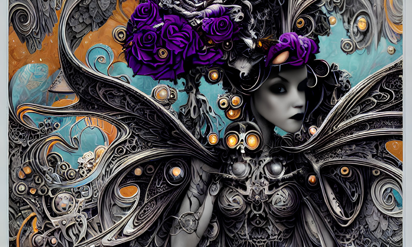 Surrealist digital artwork: Face portrait with metallic designs, purple roses, and steampunk swirl