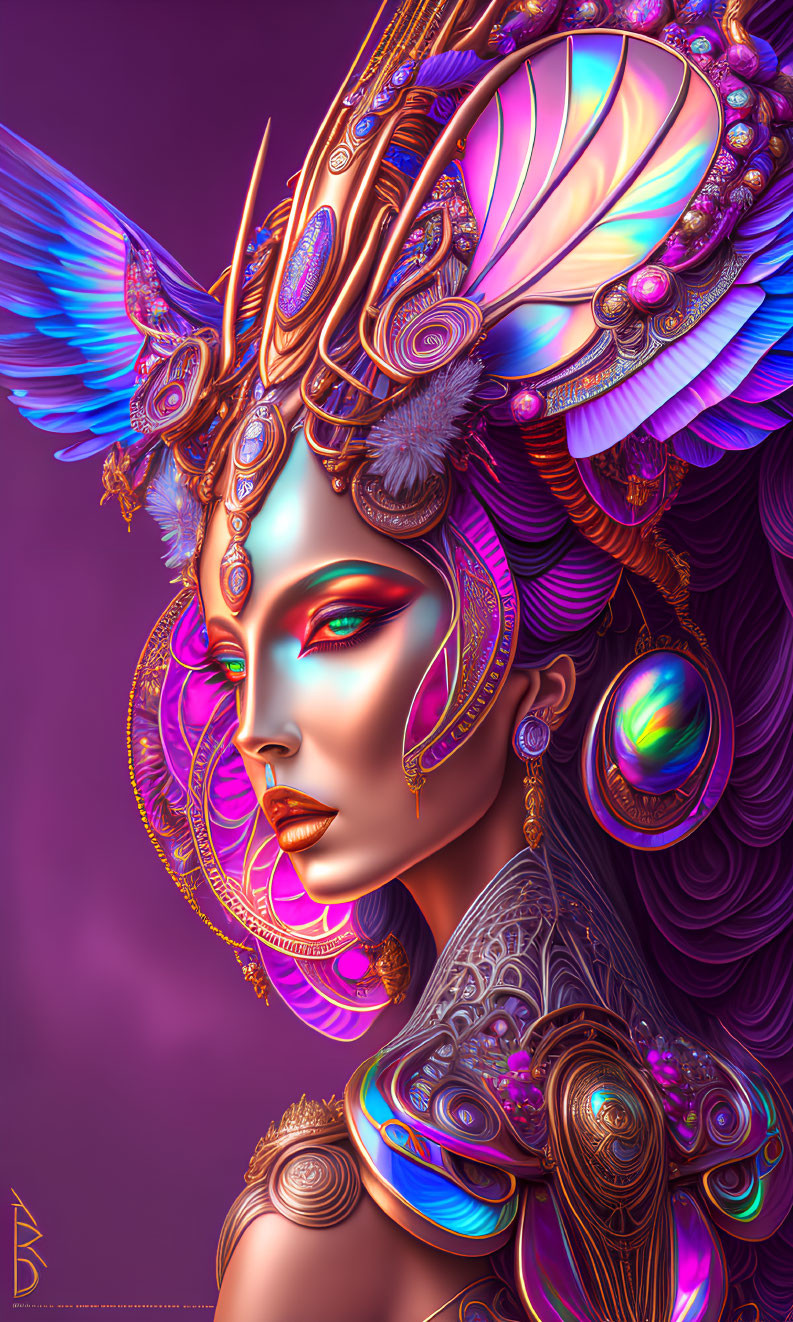Colorful digital portrait of a woman with intricate headdress in purple and gold.