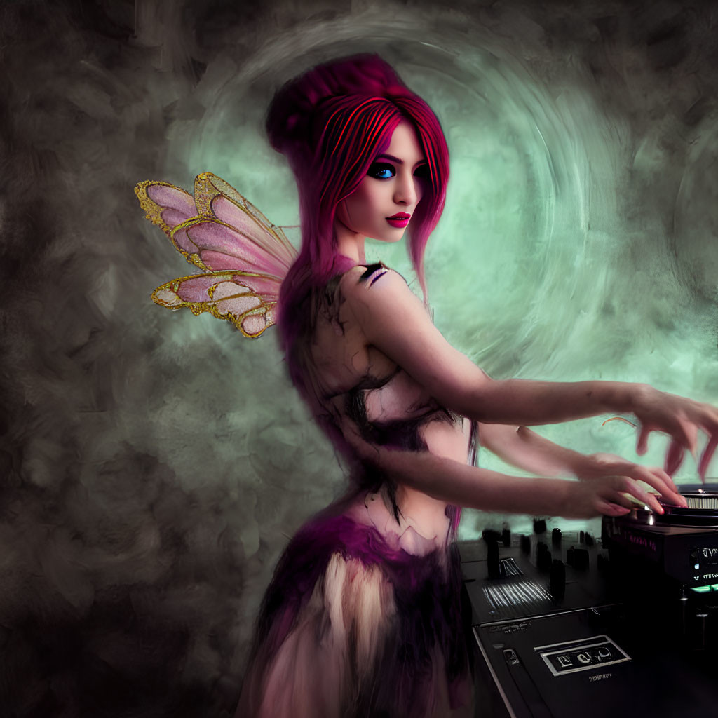 Colorful digital artwork: Fairy with pink hair and butterfly wings DJing on green backdrop