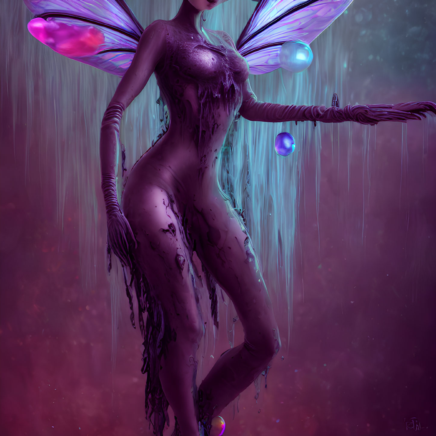 Iridescent-winged fantasy figure in misty purple environment with orbs and rain