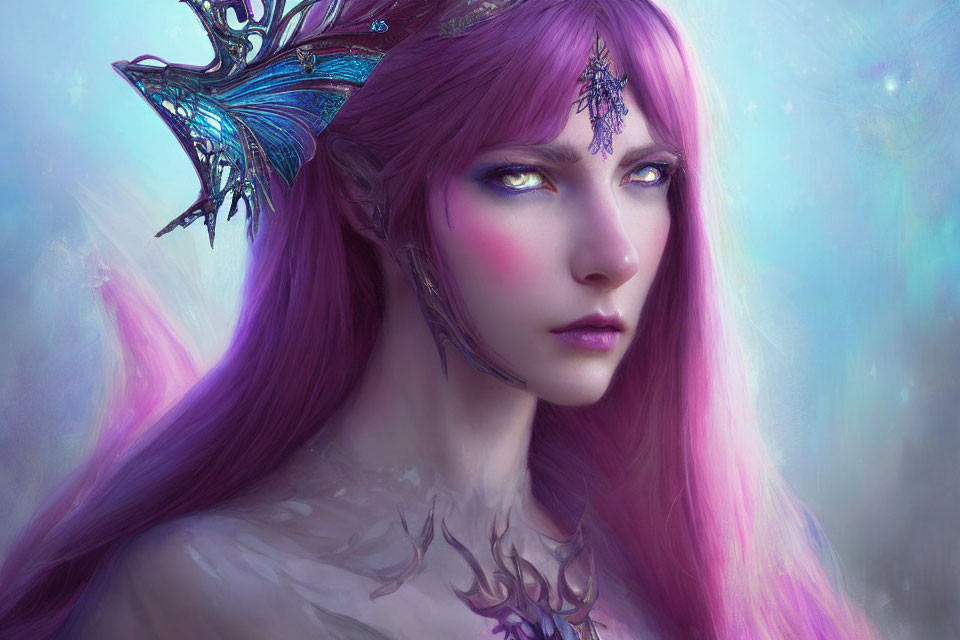 Pink-haired woman with pointed ears, butterfly, and mystical markings.