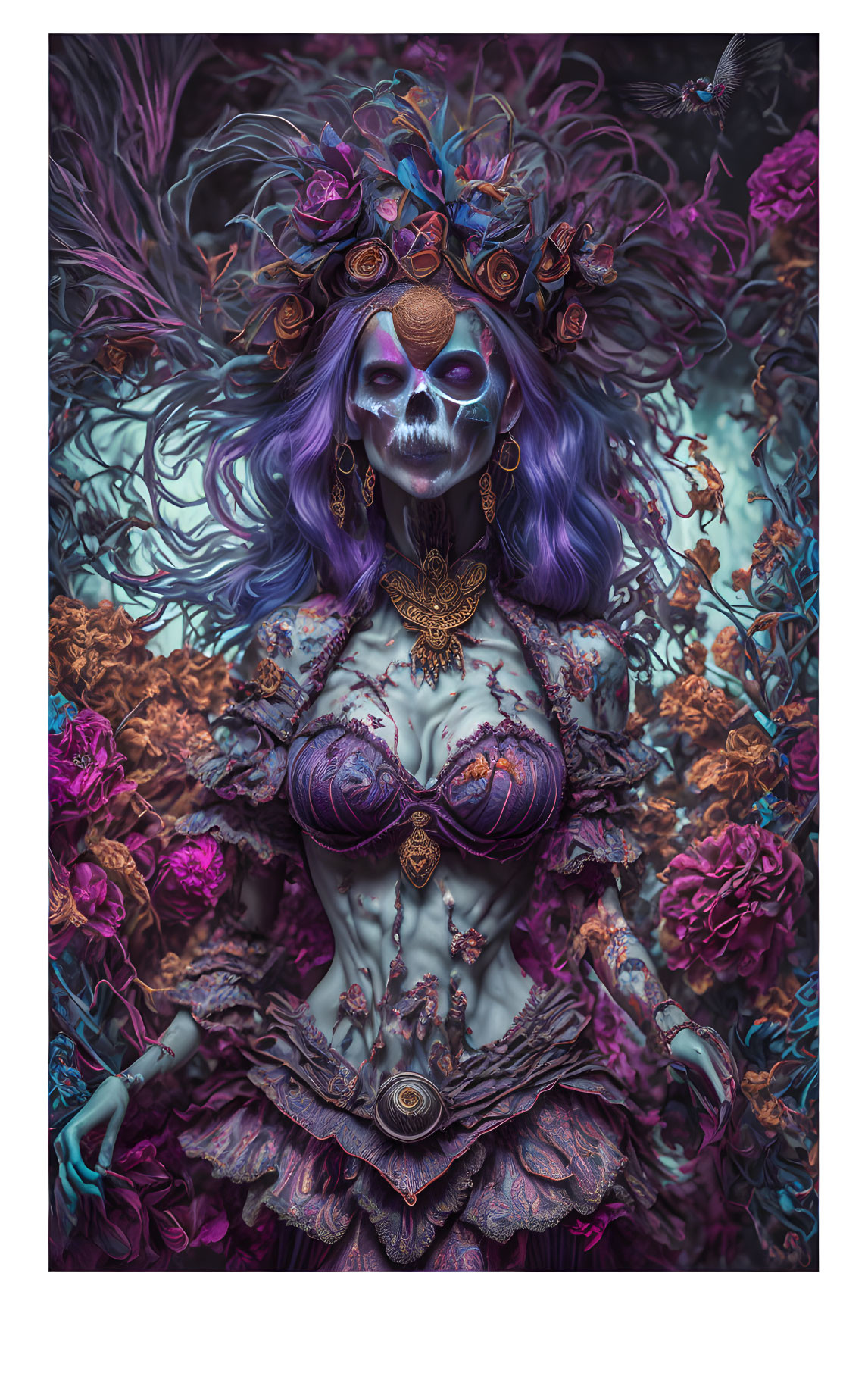Colorful Dia de los Muertos themed artwork with figure in skeleton makeup and floral patterns