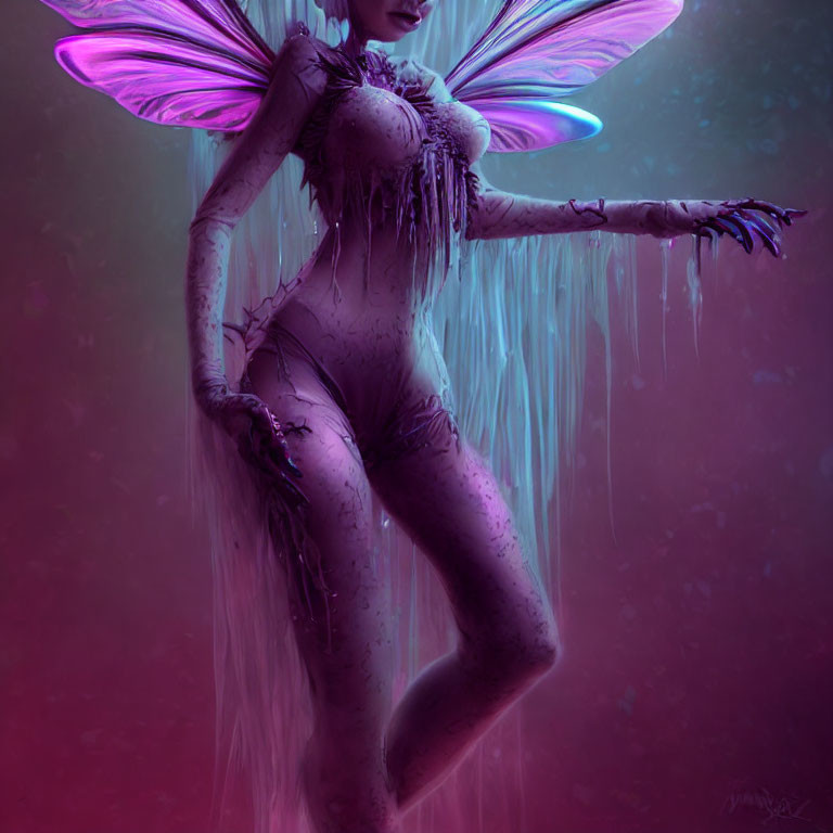 Fantasy creature with iridescent wings and lavender skin on magenta backdrop