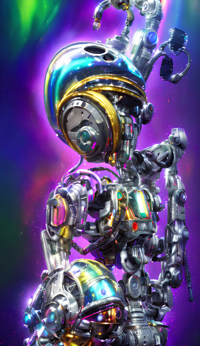 Intricate metallic futuristic robot on vibrant cosmic background