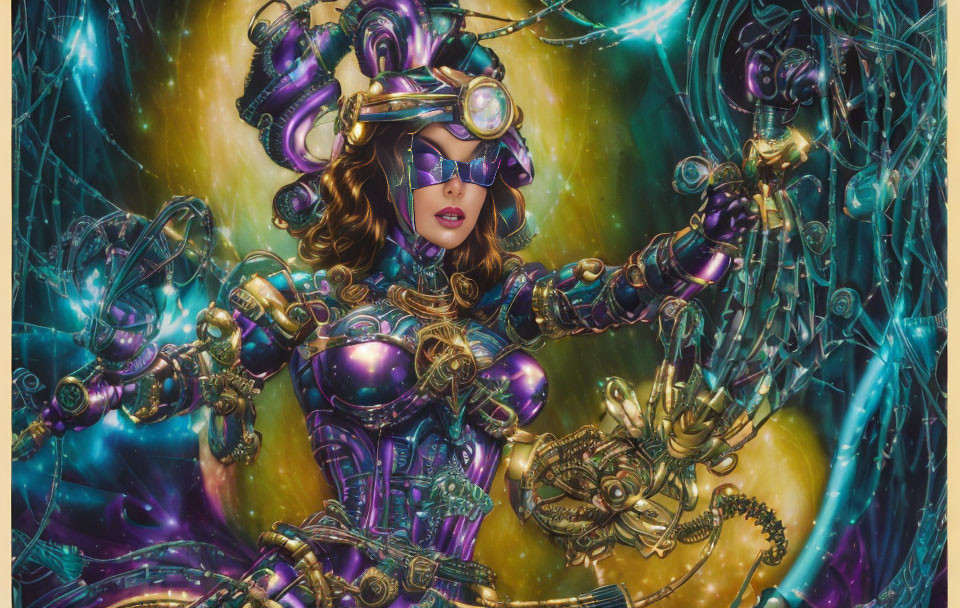 Elaborate steampunk attire and goggles in fantasy setting