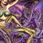 Fantasy artwork of woman in blue bikini with alien tech and purple flora